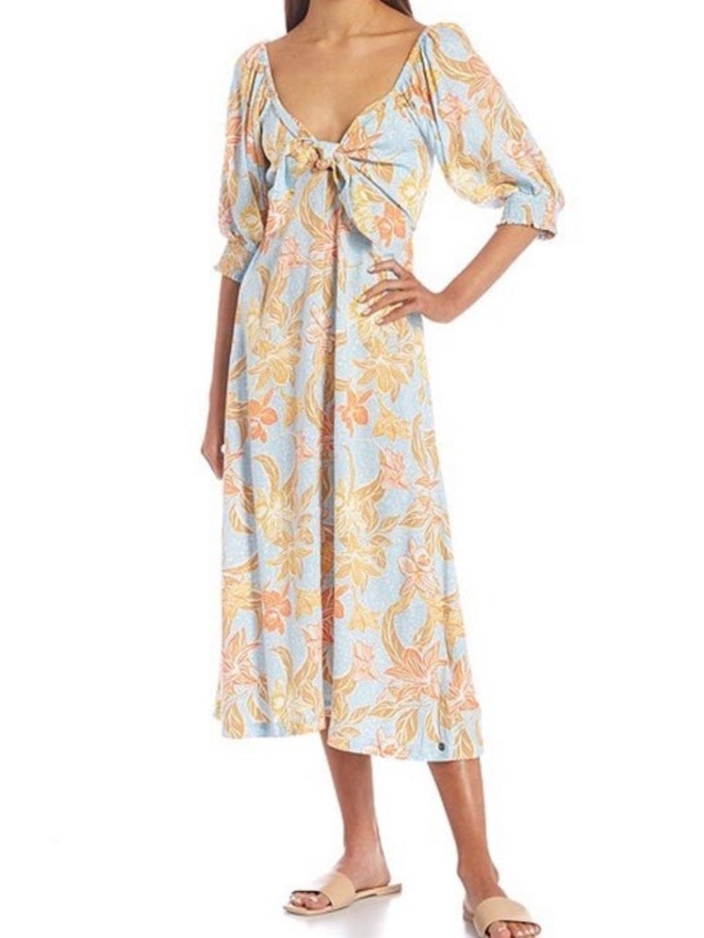 Roxy Floral Midi Dress in Light Blue and Peach Tropical Tie Front Size L